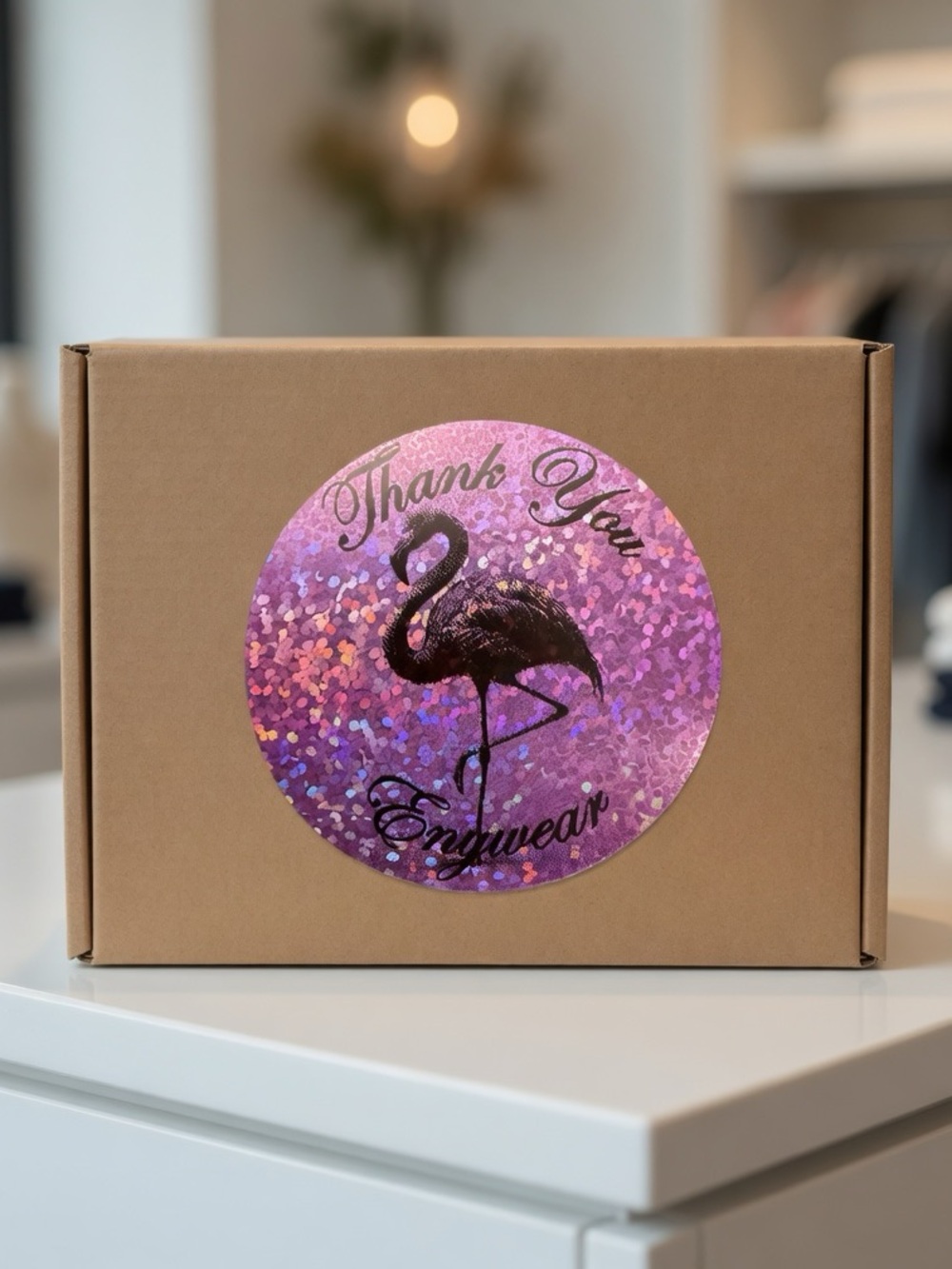 Custom Flamingo Thank You Stickers for @enywear
2” round glitter stickers-200ct.